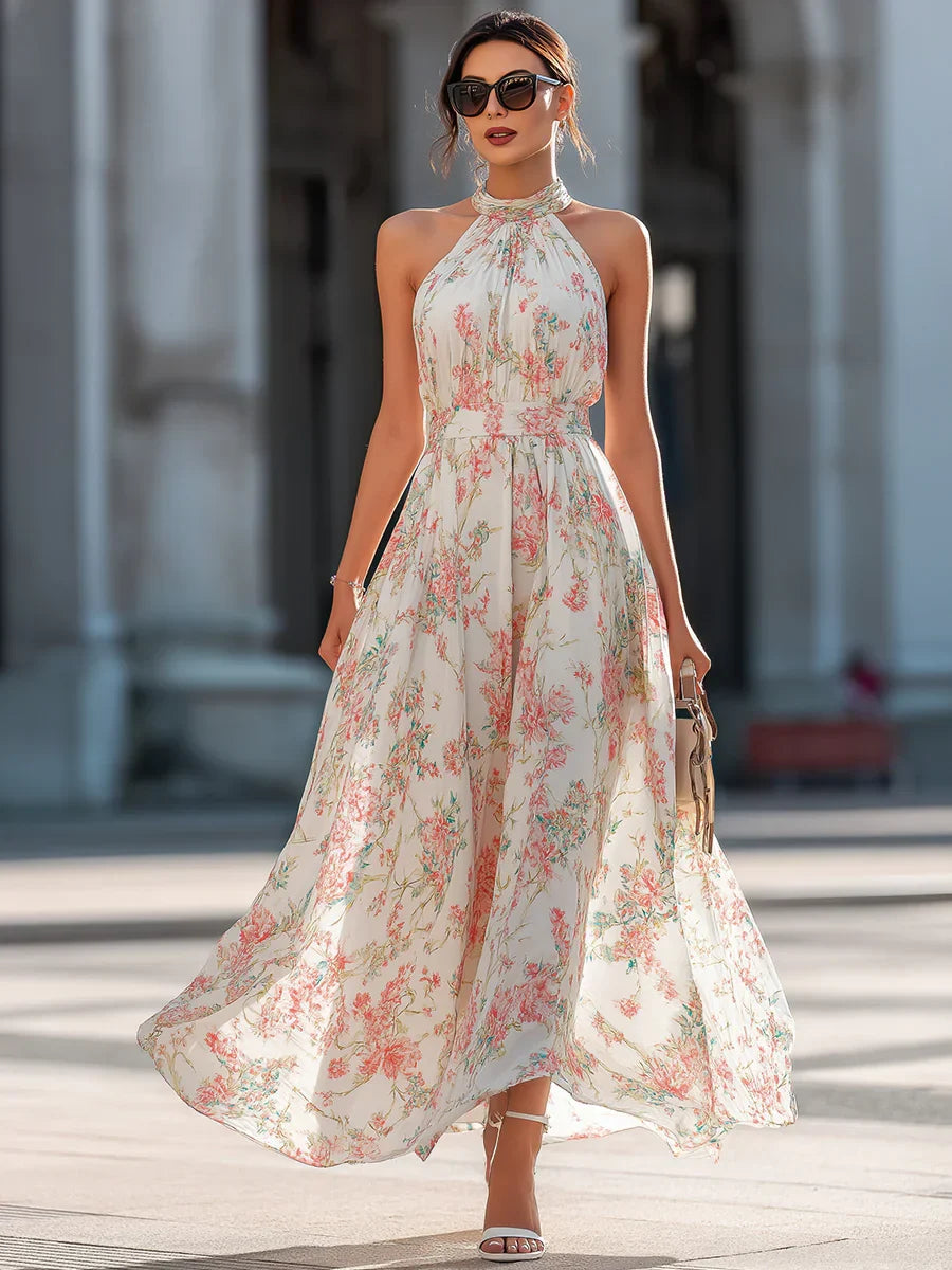 Robe longue en chiffon floral – col américain
