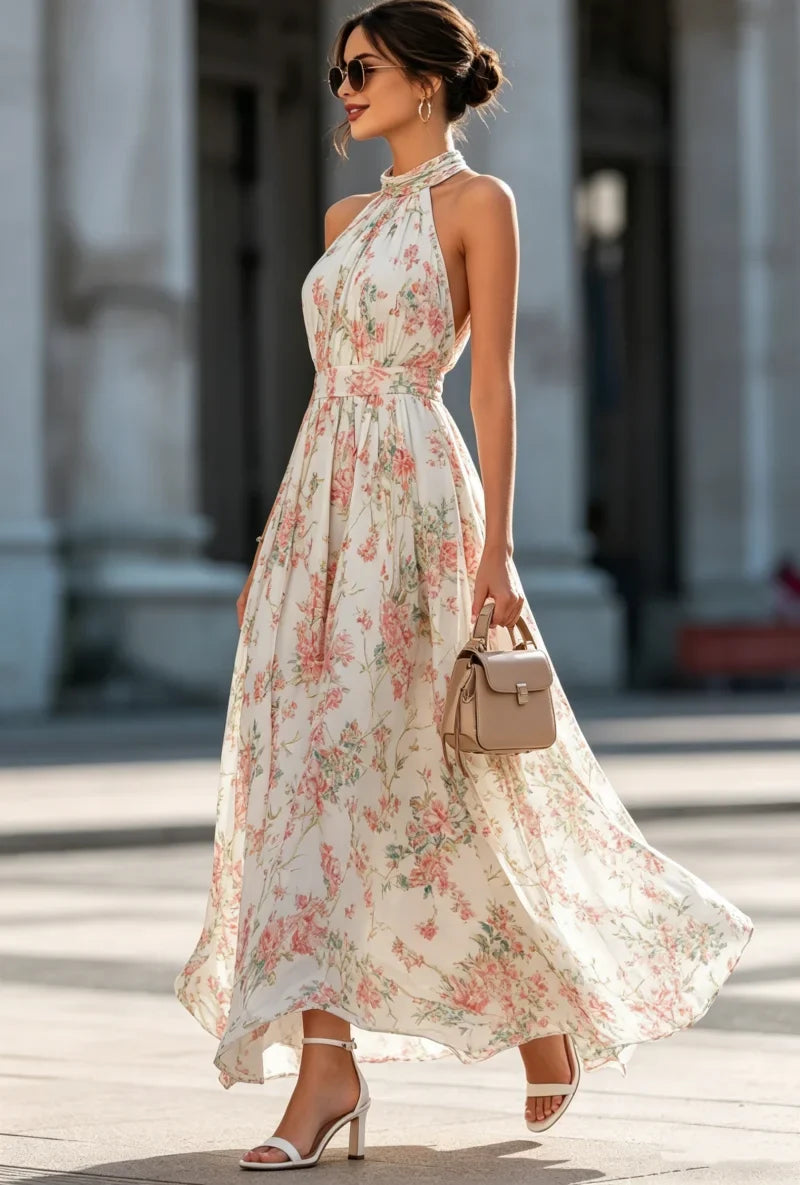 Robe longue en chiffon floral – col américain – robe, vue 3