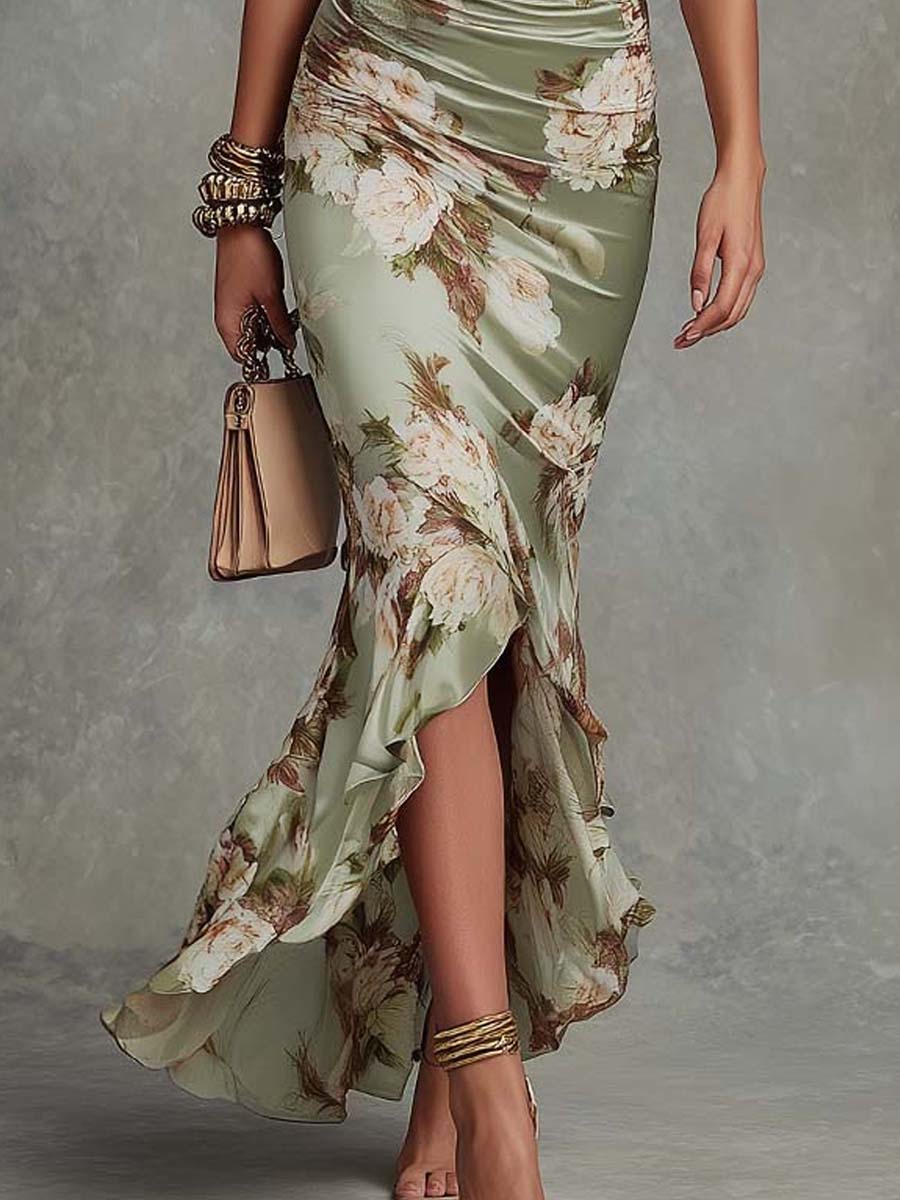 Robe longue asymétrique à volants – floral vert – robe, vue 5