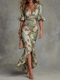 Robe longue asymétrique à volants – floral vert