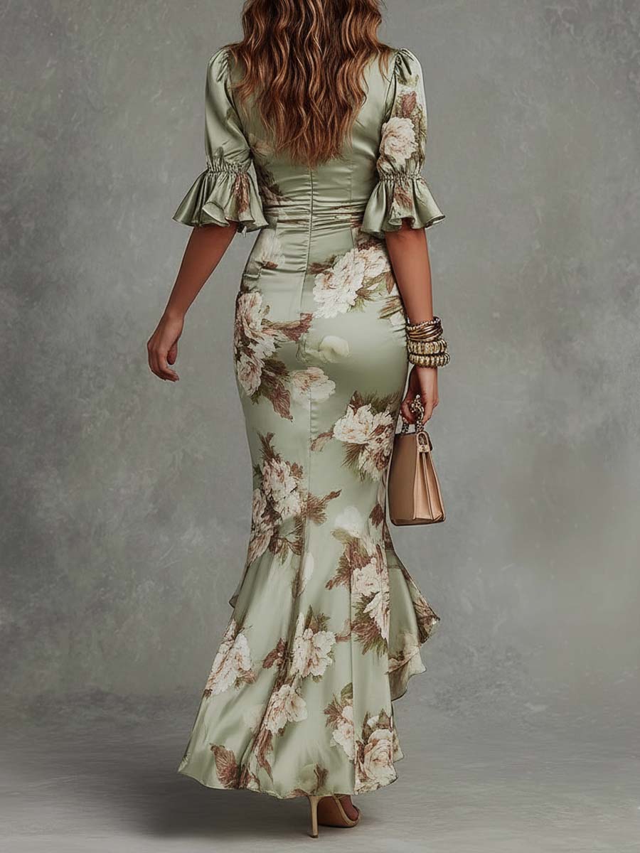 Robe longue asymétrique à volants – floral vert – robe, vue 3