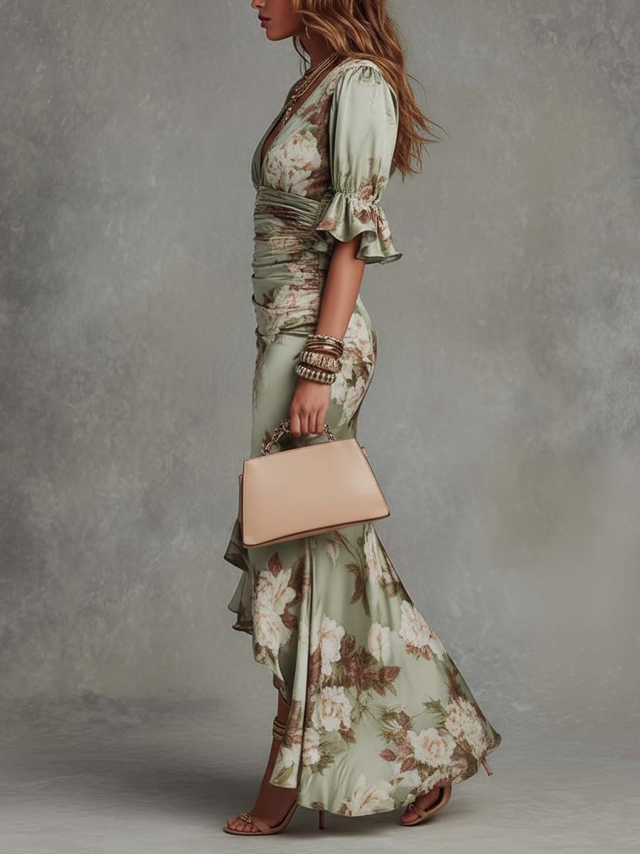 Robe longue asymétrique à volants – floral vert – robe, vue 2